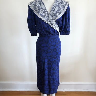 Gunne Sax Blue and Black Print Dress with Oversized Lace Collar - 1980s 