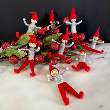 Set of 8 Vintage, Wool and Wire Scandinavian Tomte, Gnomes or Elves, Christmas Ornaments - Swedish, Hand Painted, Red n Grey, Posable, Bendy 