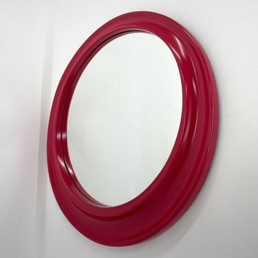 1980's Italian Round Wall Mirror / Vintage Plastic Mirror / Red 