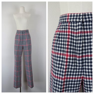 Vintage 1970s hounds tooth wool trousers, high waist, plaid pants, tweed, preppy, academia, 29
