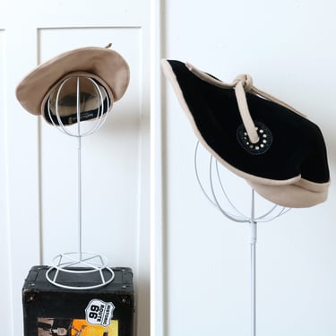 vintage 1950s formal tilt hat • MCM black & tan sculpted wool halo / portrait hat with rhinestones 
