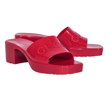 Gucci - Red Rubber Logo Platform Slide Sandals Sz 10