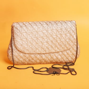 80s Light Grey Silver Bead Formal Chain Purse Vintage Glittery Beaded Crossbody Clutch Bag 