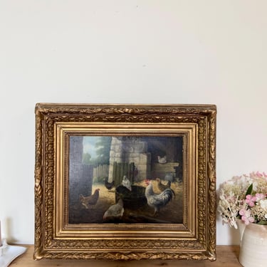 Beautiful rare find antique French  oil painting on wood stacco gold gilded frame 