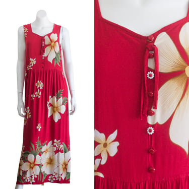Vintage 1990s Red Dress | Sleeveless | Tropical Flower Print 