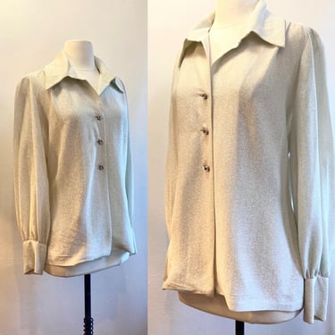 Vintage 70s Blouse / SILVER LAME + CRYSTAL Buttons / Dagger Collar / Nelly de Grab 