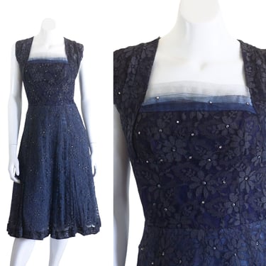 1950s black and blue lace fit and flare dress 