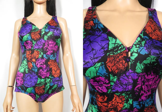 Vintage 80s Does 60s Pin Up Abstract Print One Piece With Adjustable Straps Size 14 L Made In USA 