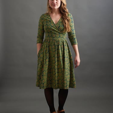 Callie Faux Wrap Dress in Olive Floral