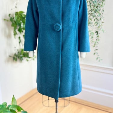 Vintage 1960s Coat | 60s Mink Fur Collar Teal Blue Mohair Wool Warm Retro Winter Overcoat | medium 