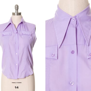 Vintage 1960s Blouse | 60s Pastel Purple Lavender Cotton Dagger Collar Sleeveless Button Up Top (large) 