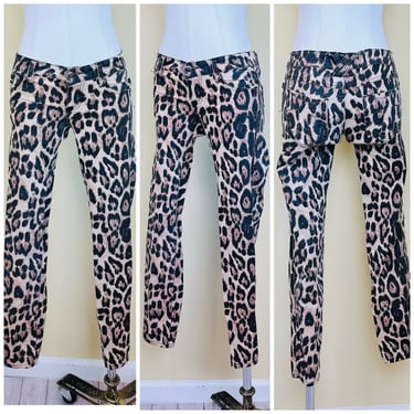 1990s Tripp NYC Leopard Print Low Rise Jeans / 90 Spandex Goth Rocker Hip Hugger Skinny Denim Pants / XS / Size 2 