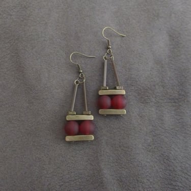 Mid century modern earrings, industrial earrings, red frosted glass earrings 