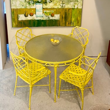 Lemon Yellow Brown Jordan Calcutta Round Dining Set - Table, 4 Captain Chairs | 1960s vintage 