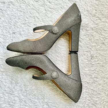 Silver Metallic Mary Jane Shoes, Rhinestone Trim, 4 in Chunky Heels, Vintage 80s 90s 