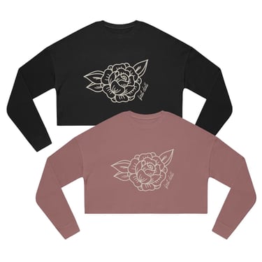 Fast Doll Traditional Tattoo Rose Black or Mauve Women’s Cropped Longsleeve Crew Neck 