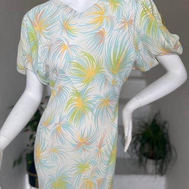 1930s Rayon Bias Cut Tropical Print Pastel Dress , 36