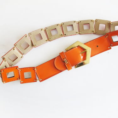 Vintage 60s Womens Belt Small - Orange Patent Leather Mod Belt - Geometric Chain Link Belt - 60s Go Go Dancer Belt - 60s Belt 
