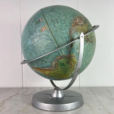 Vintage Globe, 1960s Reader's Digest Great World Globe, Raised Relief, silver metal tilting stand, 720-degree rotation, educational, gift 