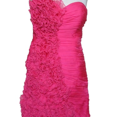 Short Prom Dress, Vintage Tony Bowls, M/L Women, Pink Ruched, Ruffle Trim 