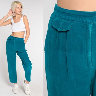 Pleated Corduroy Pants 80s Teal Blue High Waisted Trousers Mom Pants High Waist 1980s Tapered Relaxed 90s Vintage Small S 