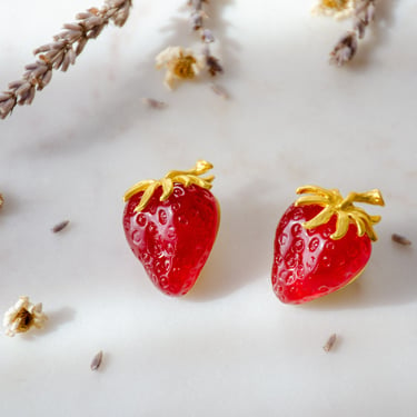 strawberry earrings, cute cottagecore earrings, red gold resin lucite fruit novelty stud earrings gift for her 