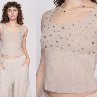 90s Oatmeal Linen Embroidered Cropped Tank - Small | Vintage Floral Empire Waist Button Back Sleeveless Crop Top 