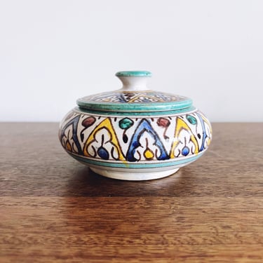 Vintage Moroccan Painted Ceramic Lidded Jar 