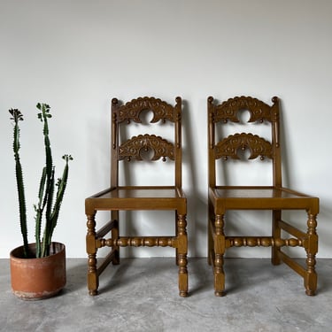 Charles II Style English Carved Oak Wood "Backstool" Accent Chairs - a Pair 