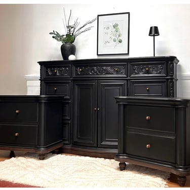 Beautiful Black Ornate Dresser Credenza Cabinet and matching Nightstands End Tables 