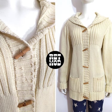 Chunky Vintage 70s 80s Cream-Colored Hooded Long Cardigan with Pockets 