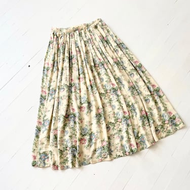 1980s Ralph Lauren Floral Print Pleated Midi Skirt 