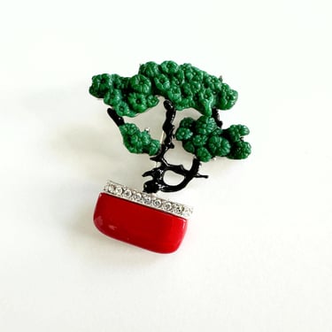 Vintage Art Deco 89 Brooch | RARE Bonsai Tree Brooch | Faux Jade Enamel and Rhinestones 