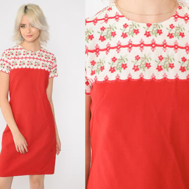 60s Embroidered Floral Dress Red Mod Mini Shift 1960s Cocktail Party White Yoke Vintage Short Sleeve Extra Small xs s 