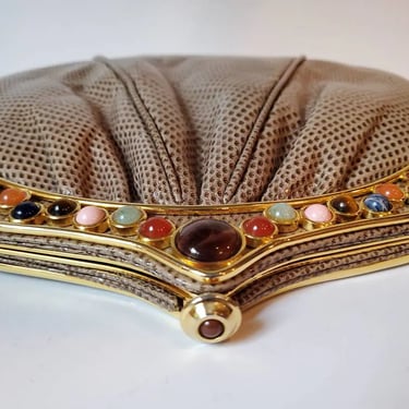 Vintage purse with cobochan beads and gold herringbone chain by Ashreil, 1970's 