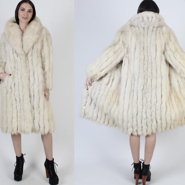 Mid Length Fox Fur Coat, Striped Real Overcoat, Designer Saga Brand, Large Shawl Collar Jacket 