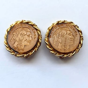 Vintage earrings wooden nickel and gold rope bezel clip on by ART 