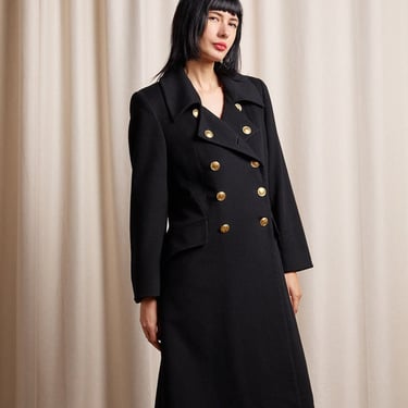 CHRISTIAN DIOR 80s Black Wool Pea Coat with "CD" Buttons