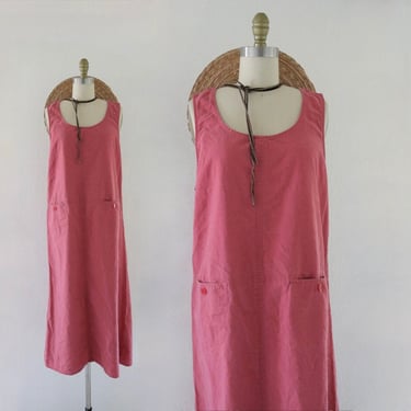 linen sack dress - m - womens size medium vintage 90s y2k long strawberry pink red maxi 