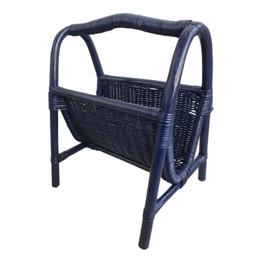 Vintage Navy Blue Rattan Magazine Rack || Chinoiserie Chic | Beach House | Modern | Traditional | Color Pop Decor 