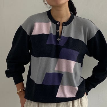 60s cashmere intarsia sweater / vintage black pink color block intarsia 3 ply cashmere pullover henley boyfriend sweater Scotland | Large 