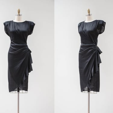 black wrap dress 80s vintage glossy black tight cocktail holiday party dress 