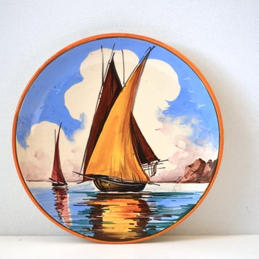 Vintage Italian Pottery Wall Plate with Hand Painted Sailboat, Made in Italy, 10