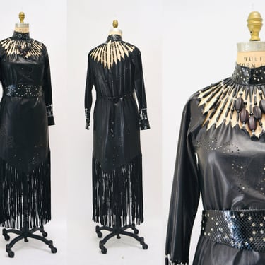 AMAZING ROCKSTAR Vintage Black Leather Fringe Dress Rhinestone Cowgirl Fringe Dress Western Music Festival Boho Dress Small Medium Mandana 