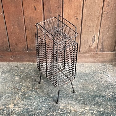1960s Atomic Perforated Metal Vinyl LP Rack Side End Table Iron Rod 