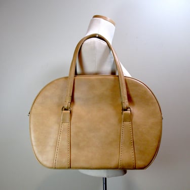 Tan Vinyl Carry-On Luggage Retro 70s Large Double Strap Shoulder Tote Vintage Soft Sided Leather-Like Overnight Travel Laptop Work Bag 