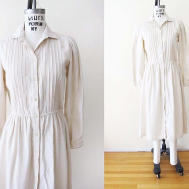 Vintage 80s Off White Raw Silk Long Sleeve Dress - Collared Shirt Waist Button Front Midi Dress 