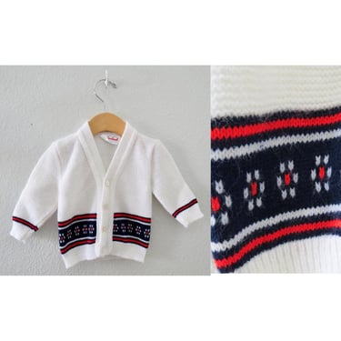 Vintage Baby Boys Cardigan Sweater - Acrylic Knit V-neck - White Red Blue - Size 6 - 12 Months 