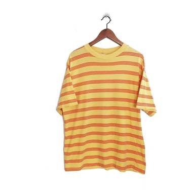 90s striped shirt / baggy t shirt / 1990s yellow and red baggy striped cotton t shirt Large 