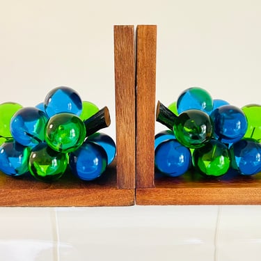 Vintage 1970s Retro Groovy Lucite Blue Green Grapes Cluster Orbs Art Wood Bookends 